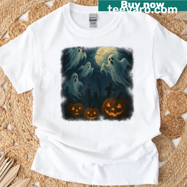 Whimsical Halloween ghosts and pumpkins design T-shirt
