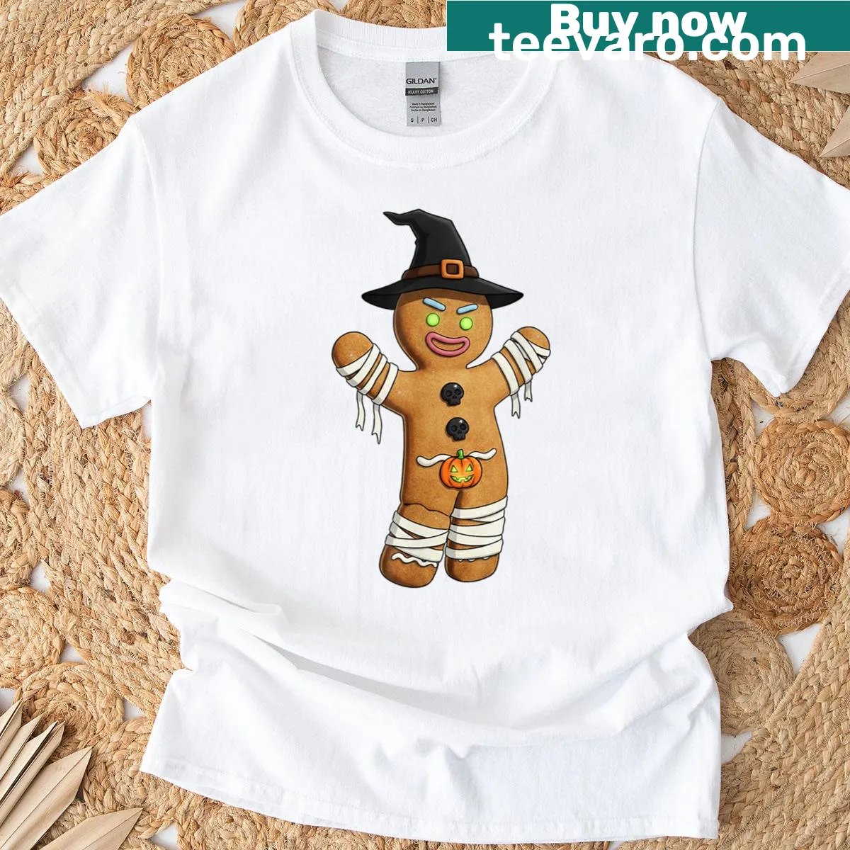 Cute Halloween t-shirt with gingerbread mummy, witch, and pumpkin cookies — on a men's t-shirt