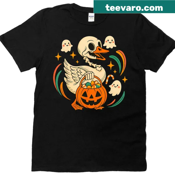 Skeleton goose in a witch hat with a pumpkin candy bucket graphic
