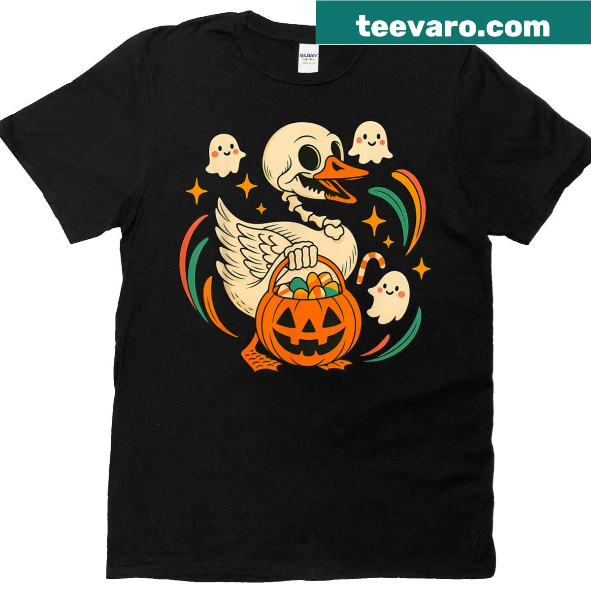 Skeleton goose in a witch hat with a pumpkin candy bucket graphic — on a men's t-shirt