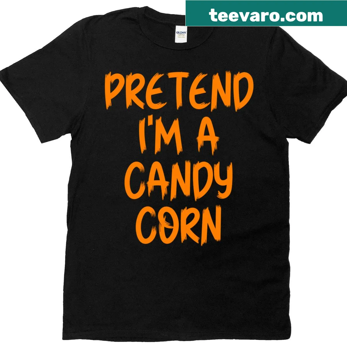 T-shirt with a candy corn costume illustration and 'Pretend I'm A Candy Corn' text — on a men's t-shirt