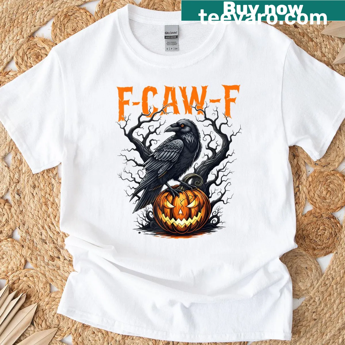 Humorous Halloween t-shirt with pumpkins and crow graphics — on a men's t-shirt