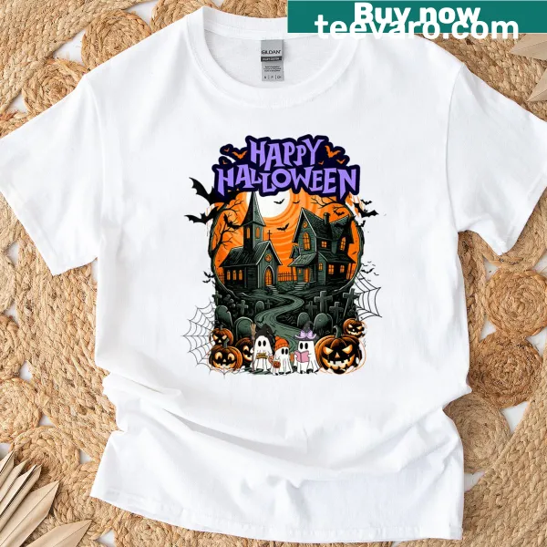 Cartoon ghost surrounded by pumpkins on a Halloween-themed T-shirt
