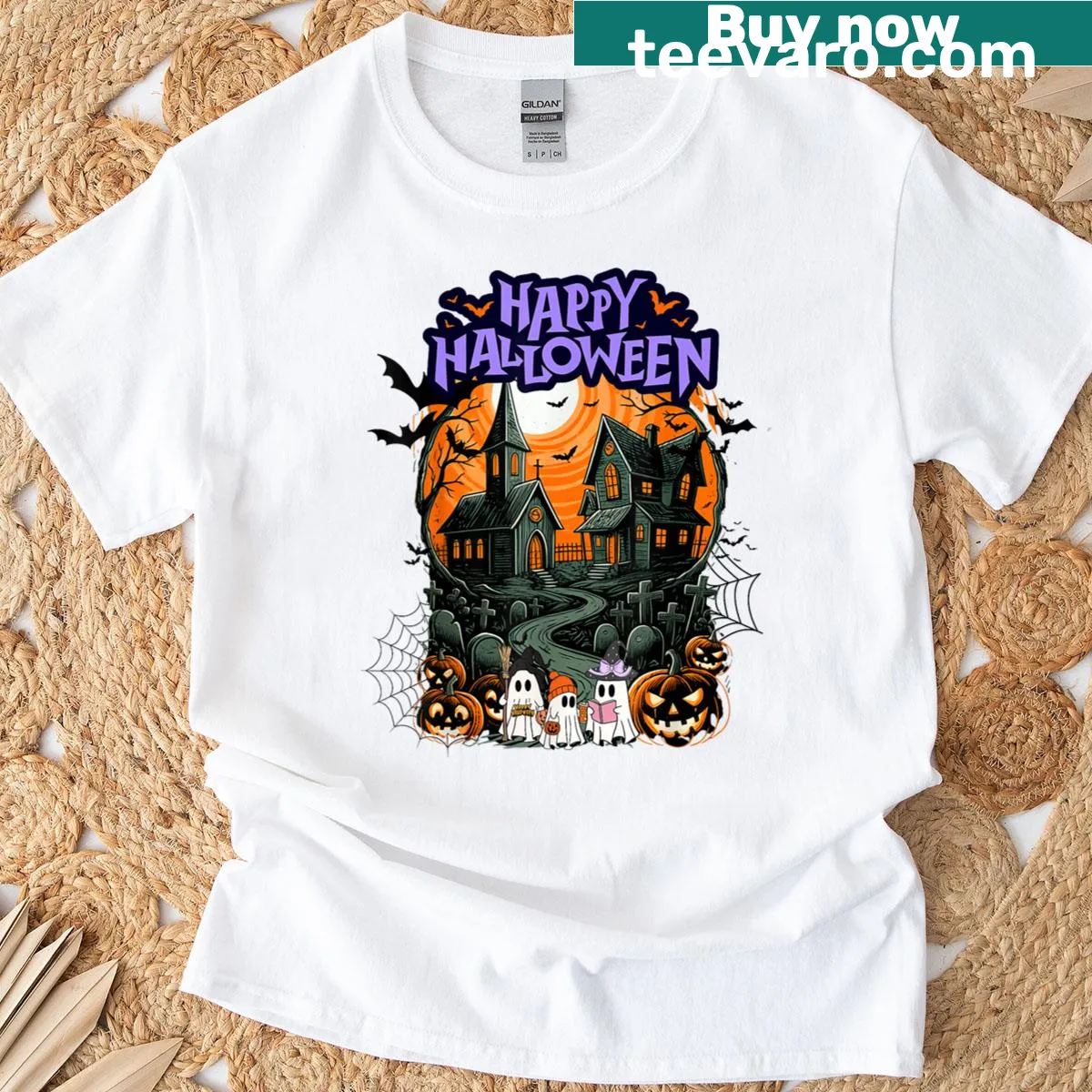 Cartoon ghost surrounded by pumpkins on a Halloween-themed T-shirt — on a men's t-shirt