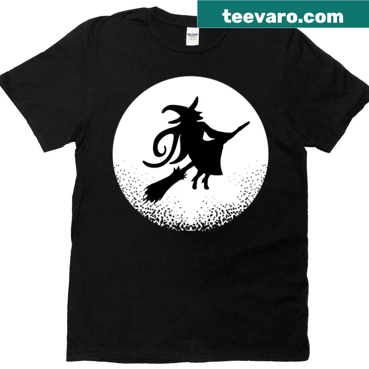 Witch graphic flying over a full moon on a Halloween T-shirt — on a men's t-shirt