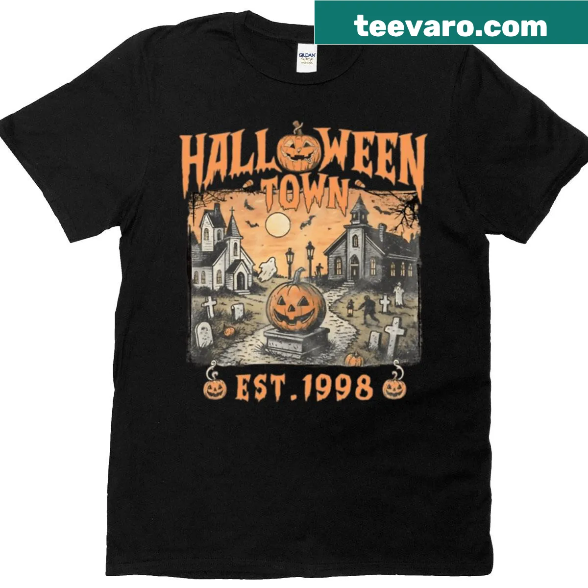 Vintage-style Halloweentown graphic on a T-shirt — on a men's t-shirt