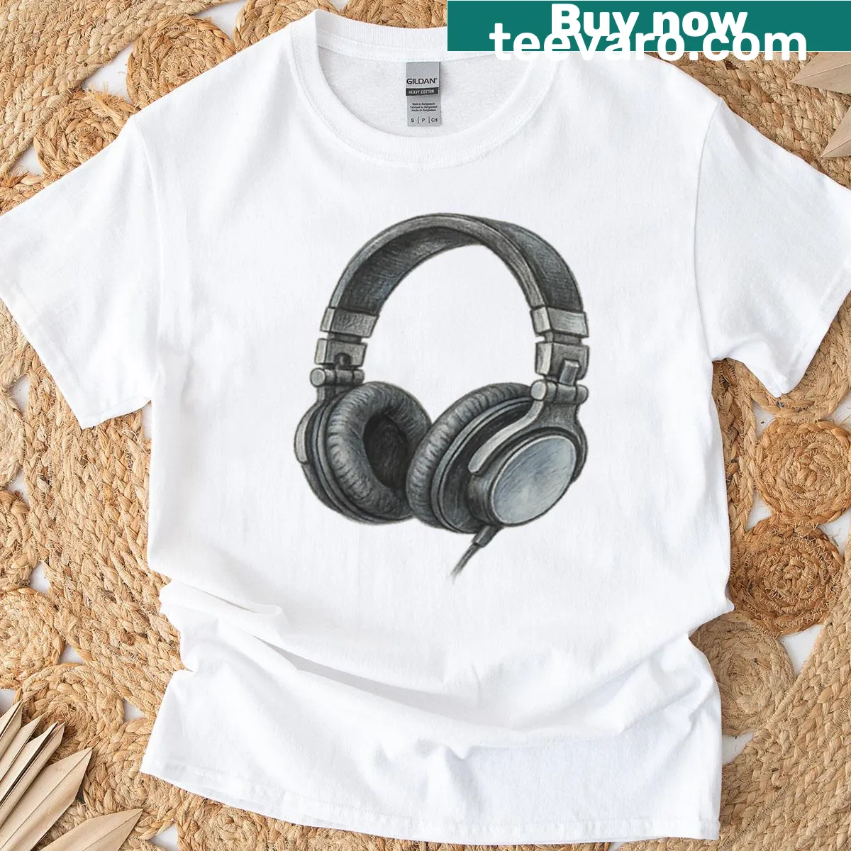 Hand-drawn line-art headphones illustration on a T-shirt — on a men's t-shirt
