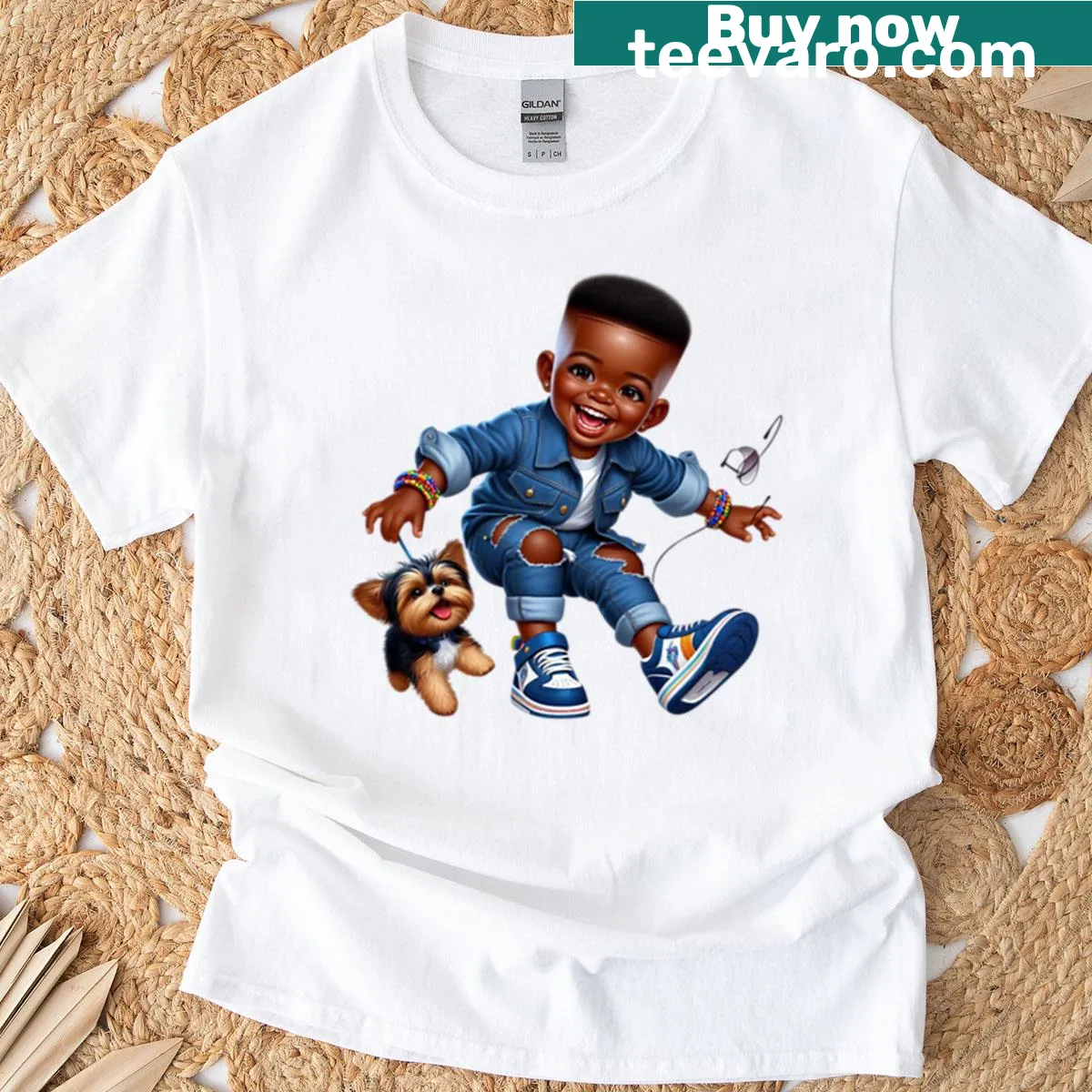 Cartoon drawing of a happy boy and dog on a kid's t-shirt — on a men's t-shirt