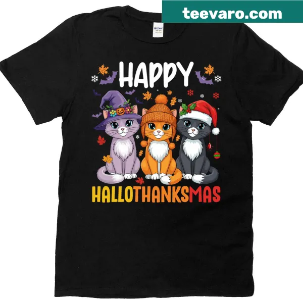 Festive t-shirt with 'Happy Hallothanksmas' design combining holidays
