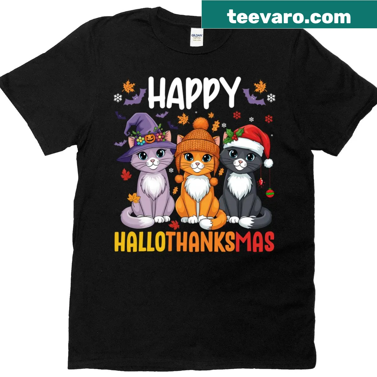 Festive t-shirt with 'Happy Hallothanksmas' design combining holidays — on a men's t-shirt