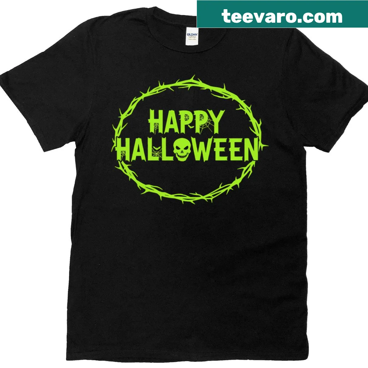 Halloween-themed t-shirt with skull and web illustration — on a men's t-shirt