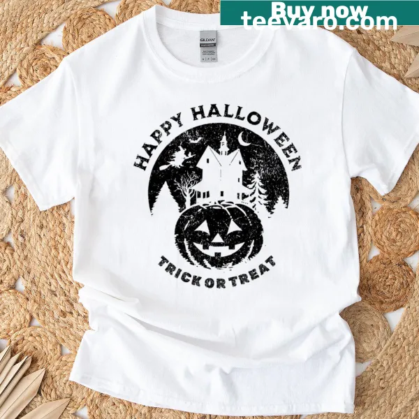 Haunted house and pumpkin graphic on Halloween T-shirt