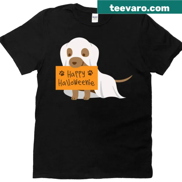 Playful t-shirt with 'Happy Halloweenie' text for the holiday