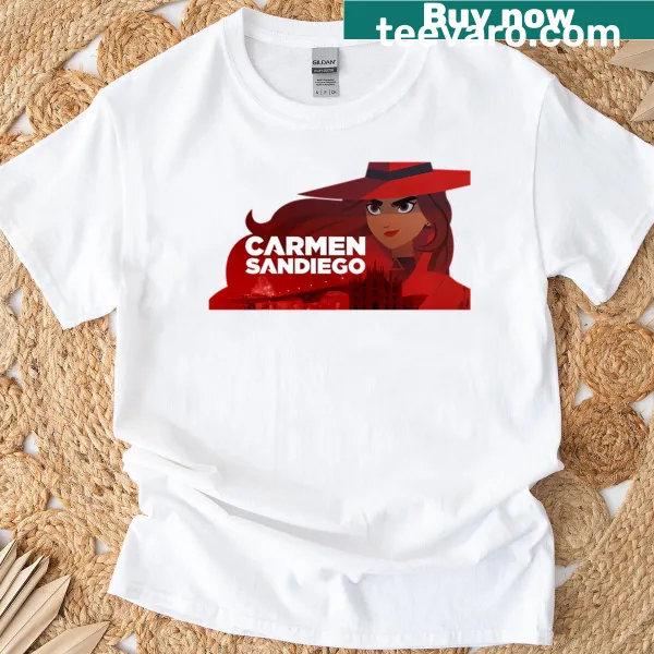 Cartoon detective graphic on t-shirt with red trench coat and hat