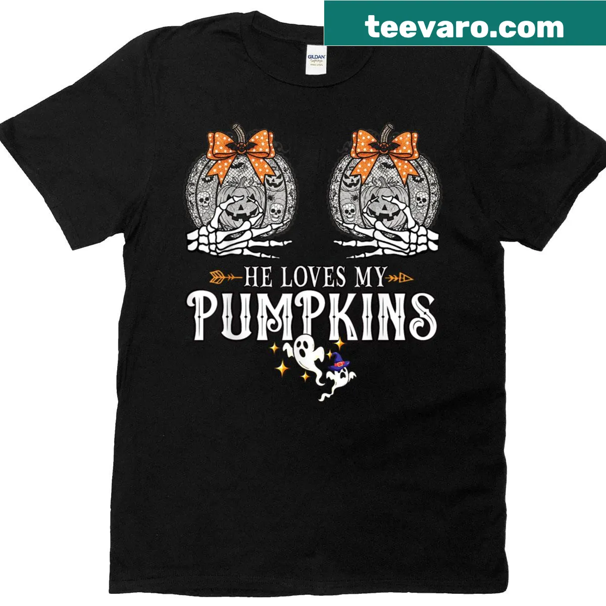 Couples Halloween t-shirt with 'He Loves My Pumpkins, I Love His Broomstick' text — on a men's t-shirt