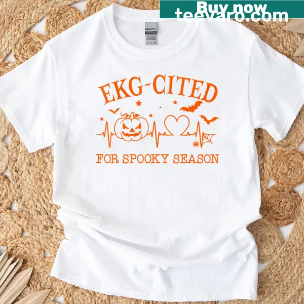 Funny cardiac nurse T-shirt featuring EKG and pumpkin graphic for Halloween.