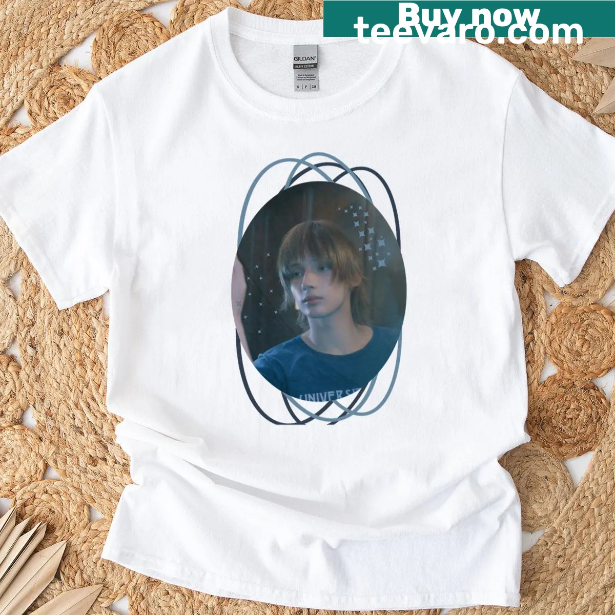 Typography design featuring Hueningkai from TXT on a T-shirt — on a men's t-shirt