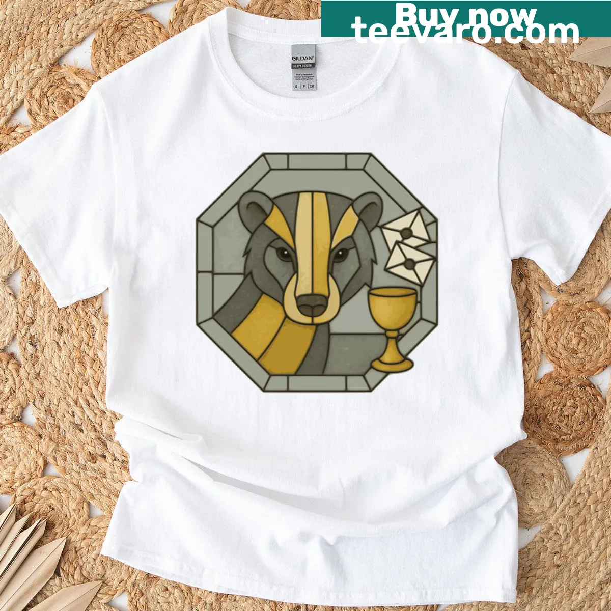 Hufflepuff stained glass T-shirt with badger design — on a men's t-shirt