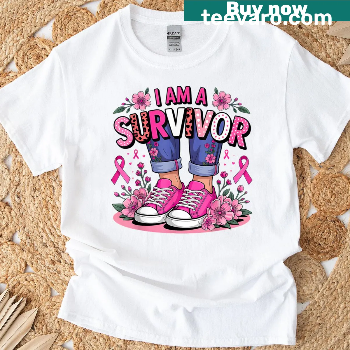 Breast cancer awareness T-shirt with pink ribbon graphic — on a men's t-shirt