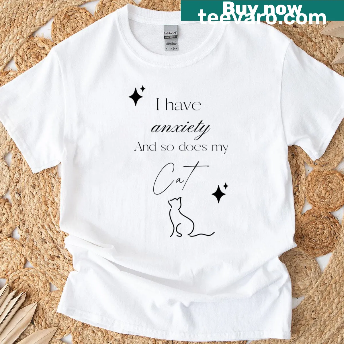 T-shirt with the phrase 'I Have Anxiety And So Does My Cat' in playful typography — on a men's t-shirt
