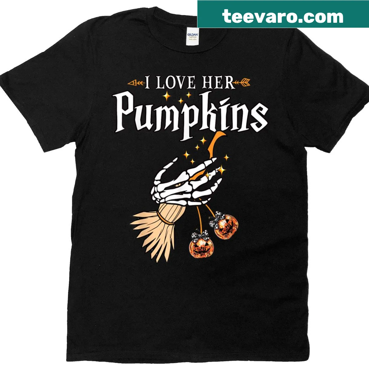 Couple T-shirt with Halloween-themed phrase about pumpkins and broomsticks — on a men's t-shirt