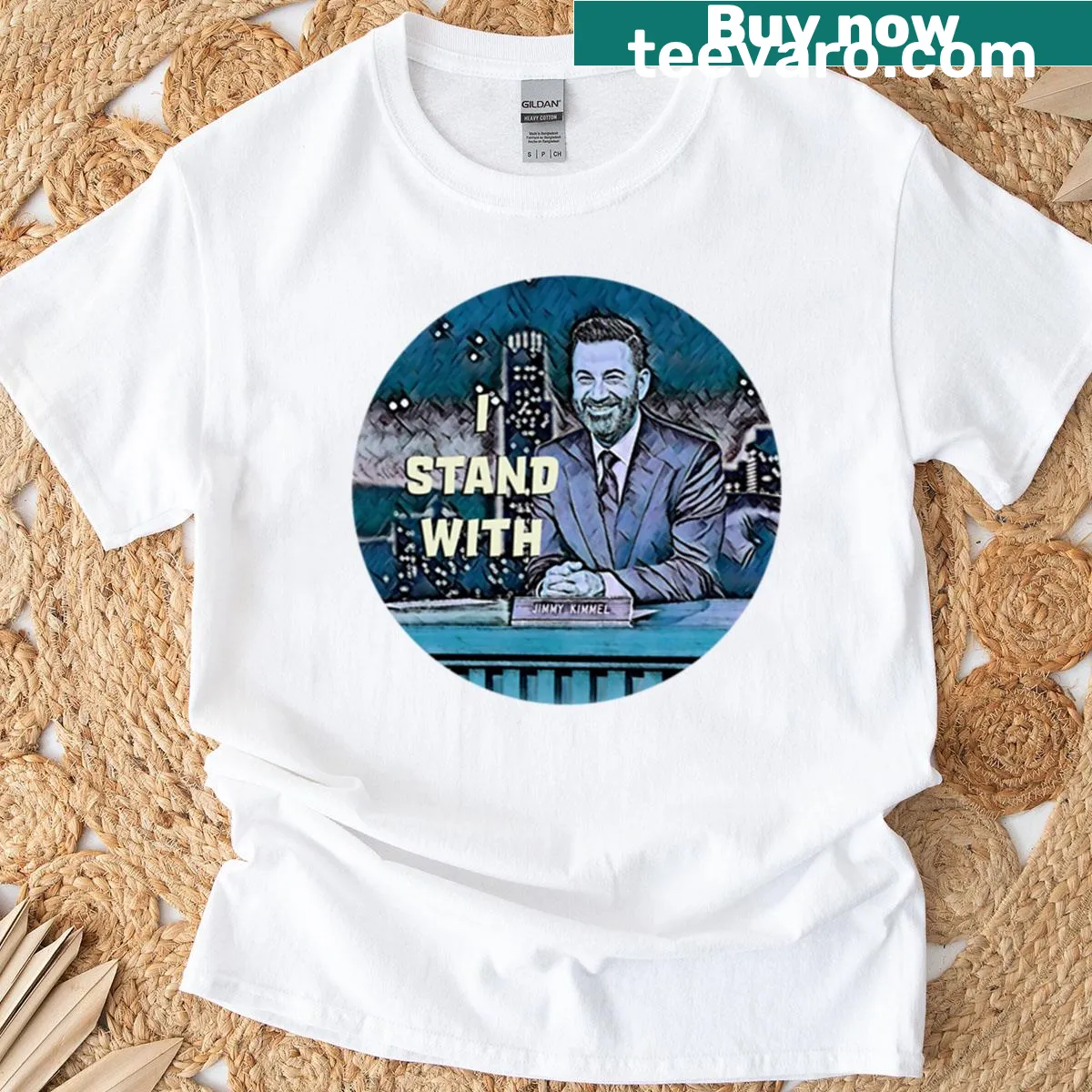 Political protest T-shirt supporting Jimmy Kimmel and free speech — on a men's t-shirt