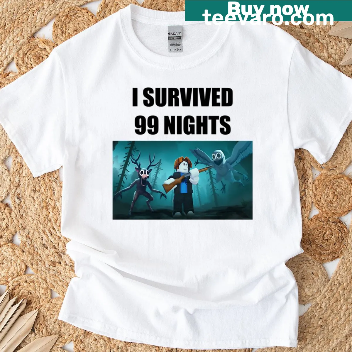 T-shirt with the phrase 'I Survived 99 Nights In A Forest' in bold typography — on a men's t-shirt