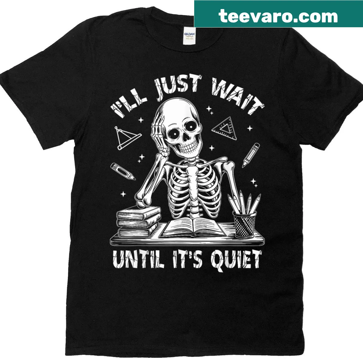 Funny Halloween teacher t-shirt with skeleton graphic and humorous text — on a men's t-shirt