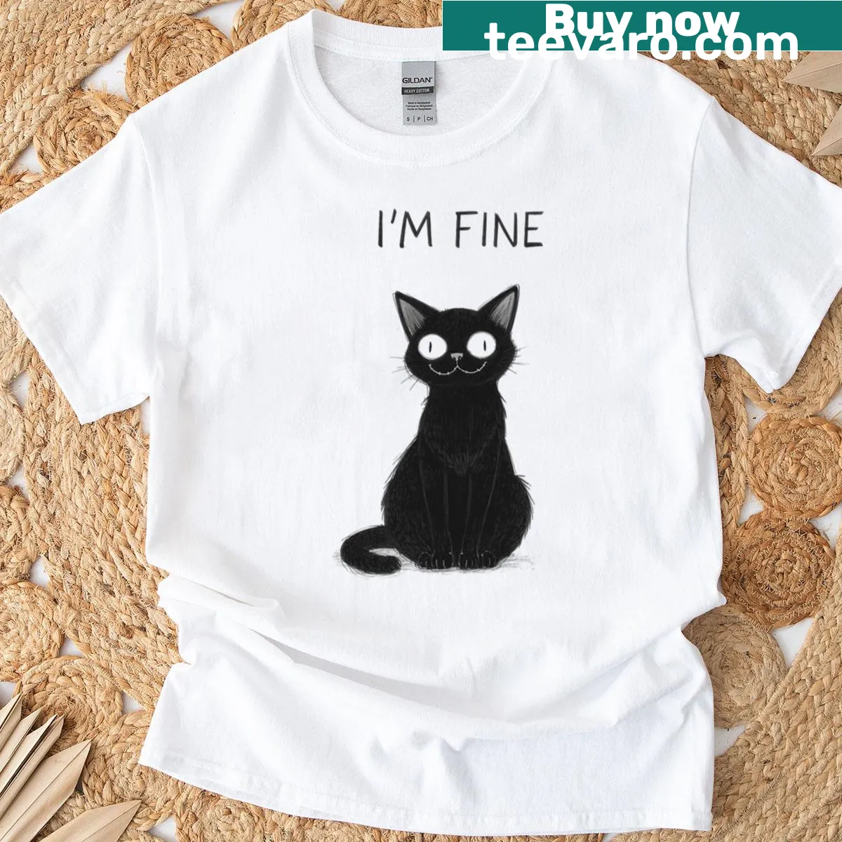 Oversized T-shirt with a calm black cat illustration and text — on a men's t-shirt