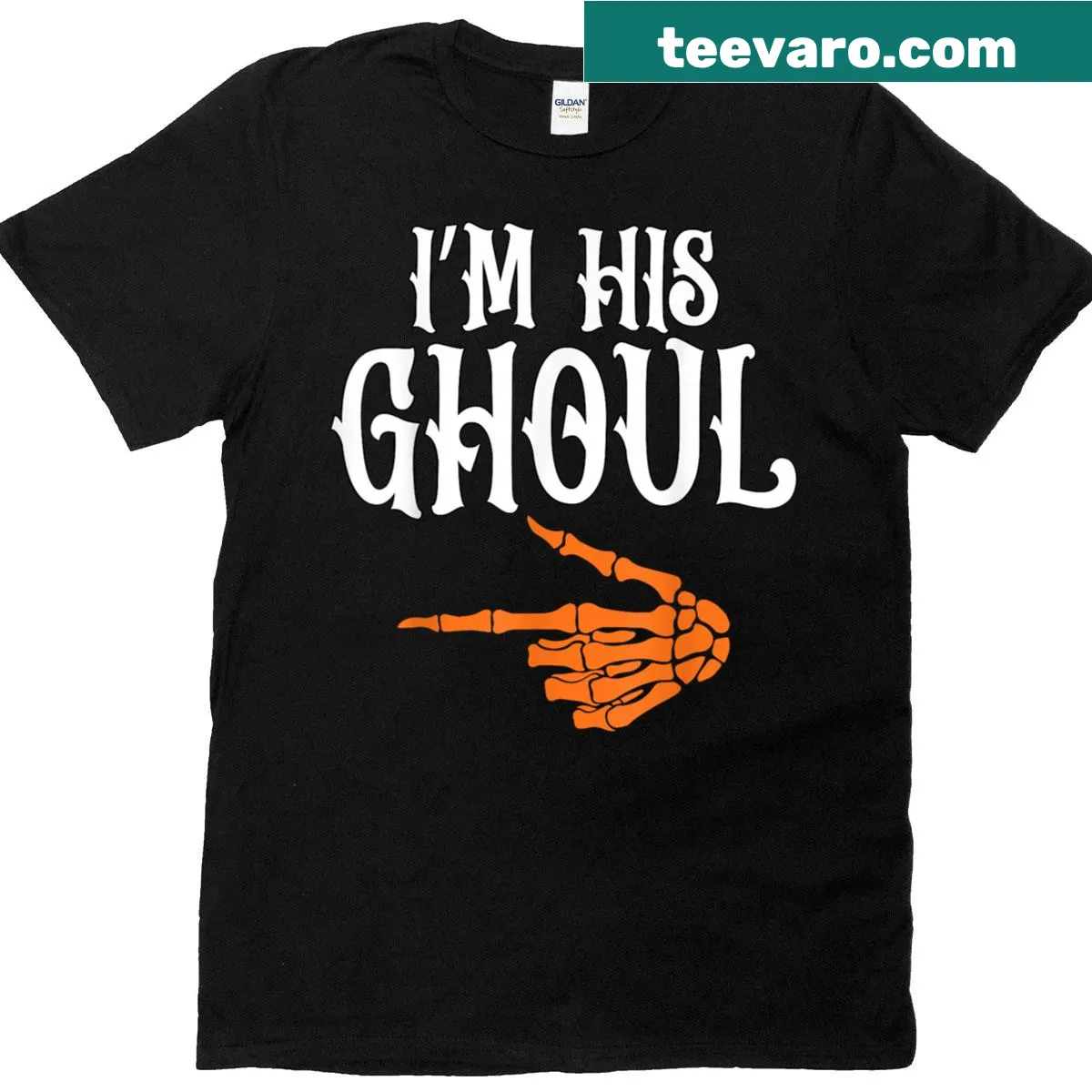 Couples Halloween t-shirt with 'I'm His Ghoul' phrase — on a men's t-shirt