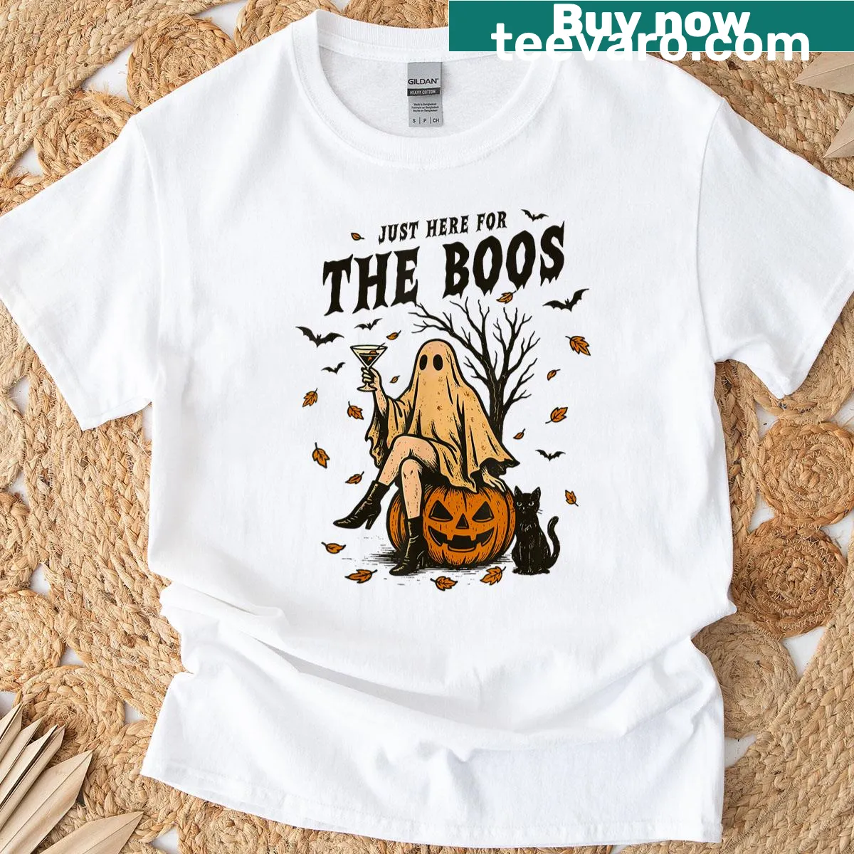 Funny ghost Halloween T-shirt with 'I'm Just Here For The Boos' text — on a men's t-shirt