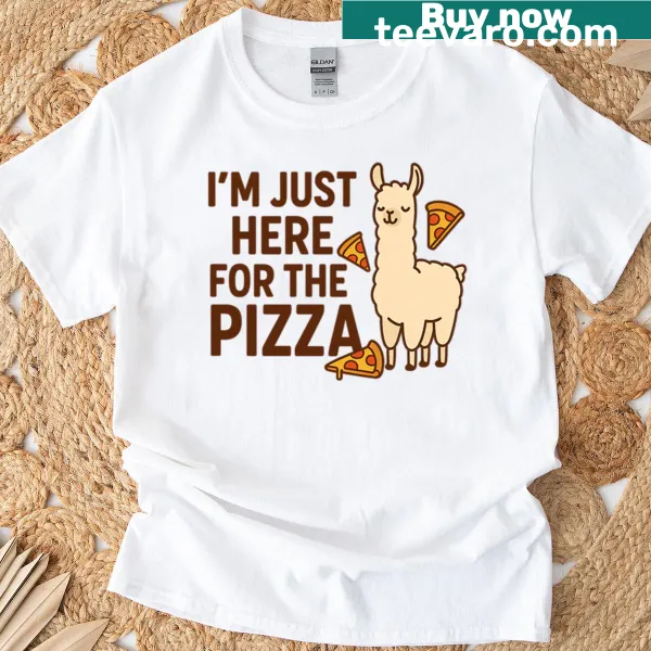 Oversized t-shirt with bold text stating I'm Just Here For The Pizza