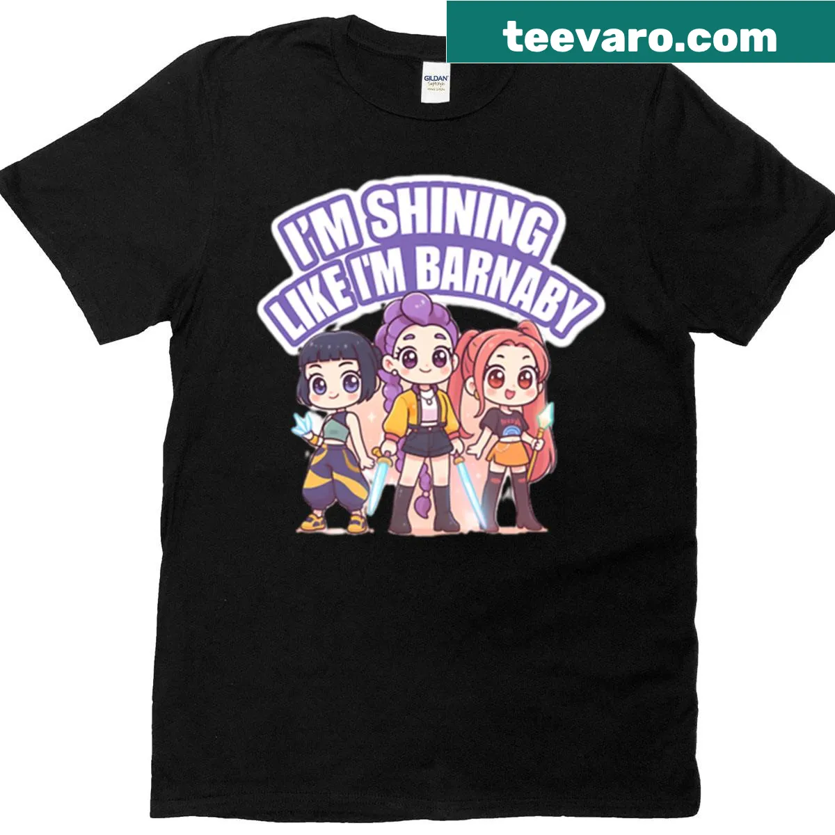 K-pop styled graphic t-shirt featuring a character design — on a men's t-shirt
