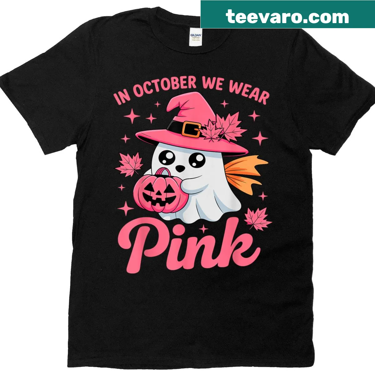 Whimsical October-themed t-shirt with witches and ghosts for breast cancer awareness — on a men's t-shirt