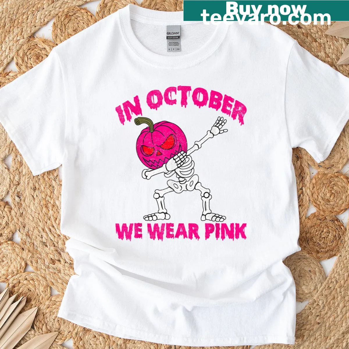 Halloween shirt with pumpkins and 'In October We Wear Pink' text — on a men's t-shirt