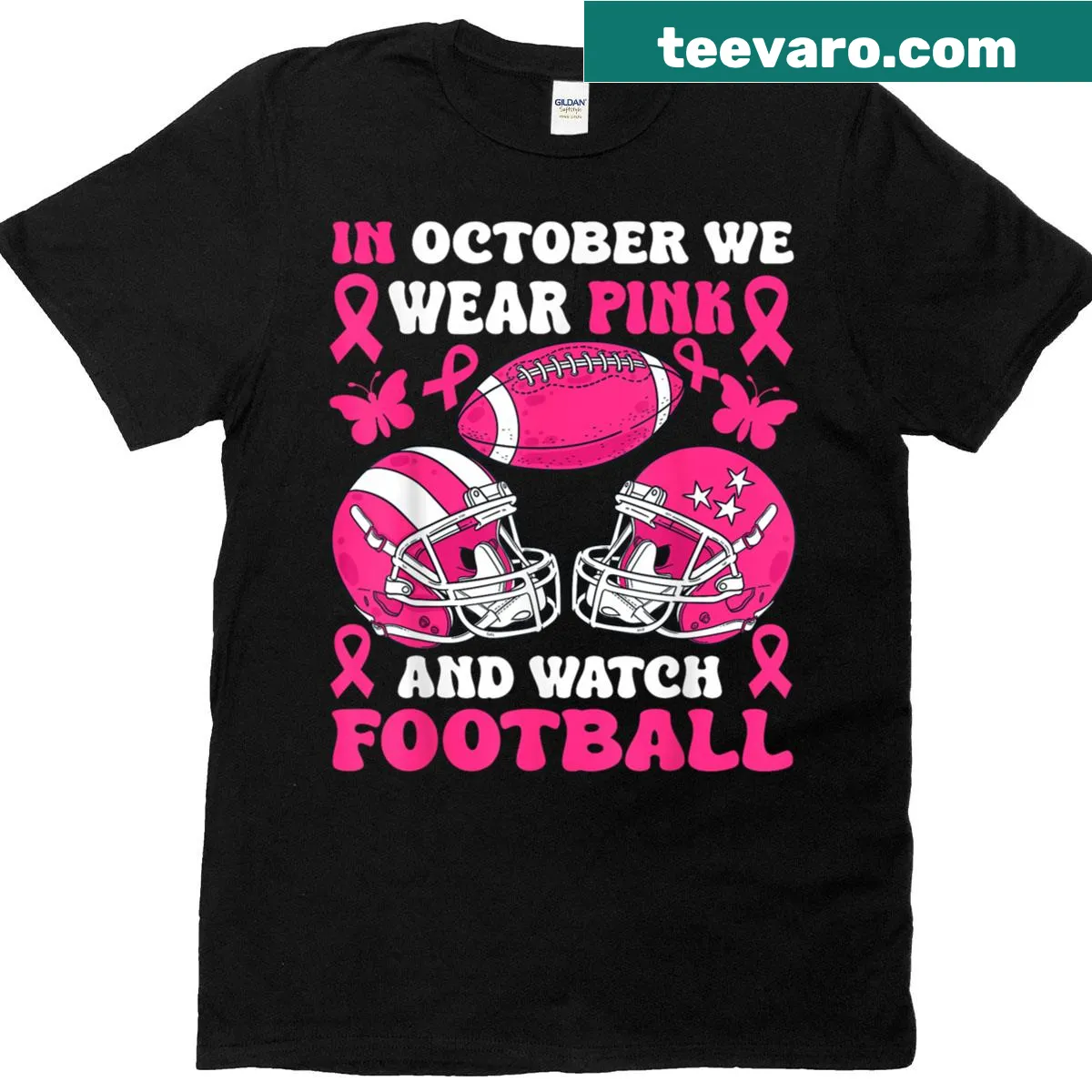 Football-themed Breast Cancer Awareness T-shirt with pink text — on a men's t-shirt