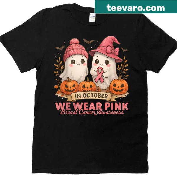 Halloween T-shirt with pink ghost and witch for breast cancer awareness