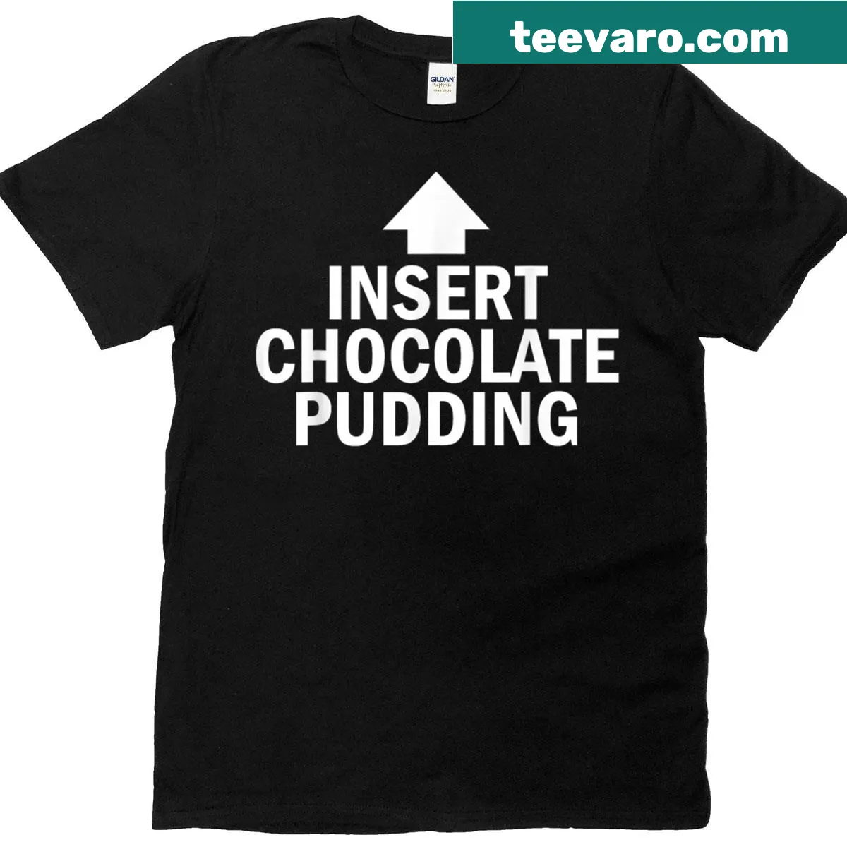Thanksgiving t-shirt with cartoon pointing arrow and chocolate pudding graphic — on a men's t-shirt