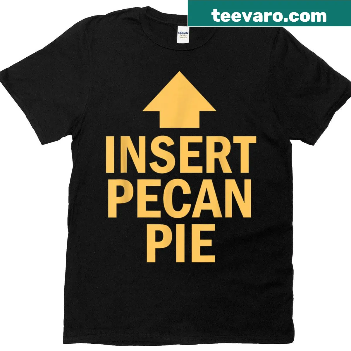 Funny Thanksgiving t-shirt with a pointing arrow graphic for pecan pie — on a men's t-shirt