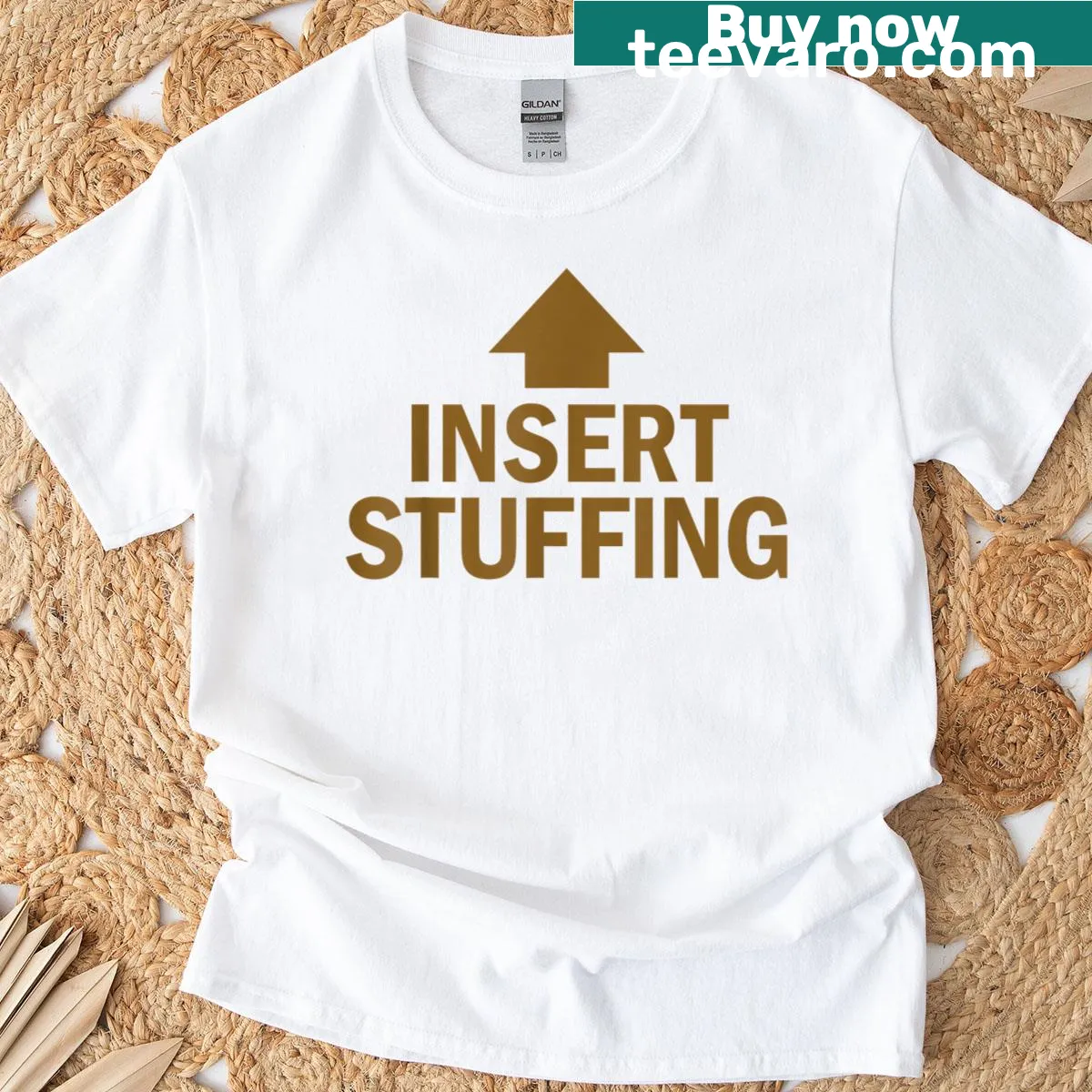 Funny Thanksgiving design 'Insert Stuffing' with arrow pointing to mouth — on a men's t-shirt