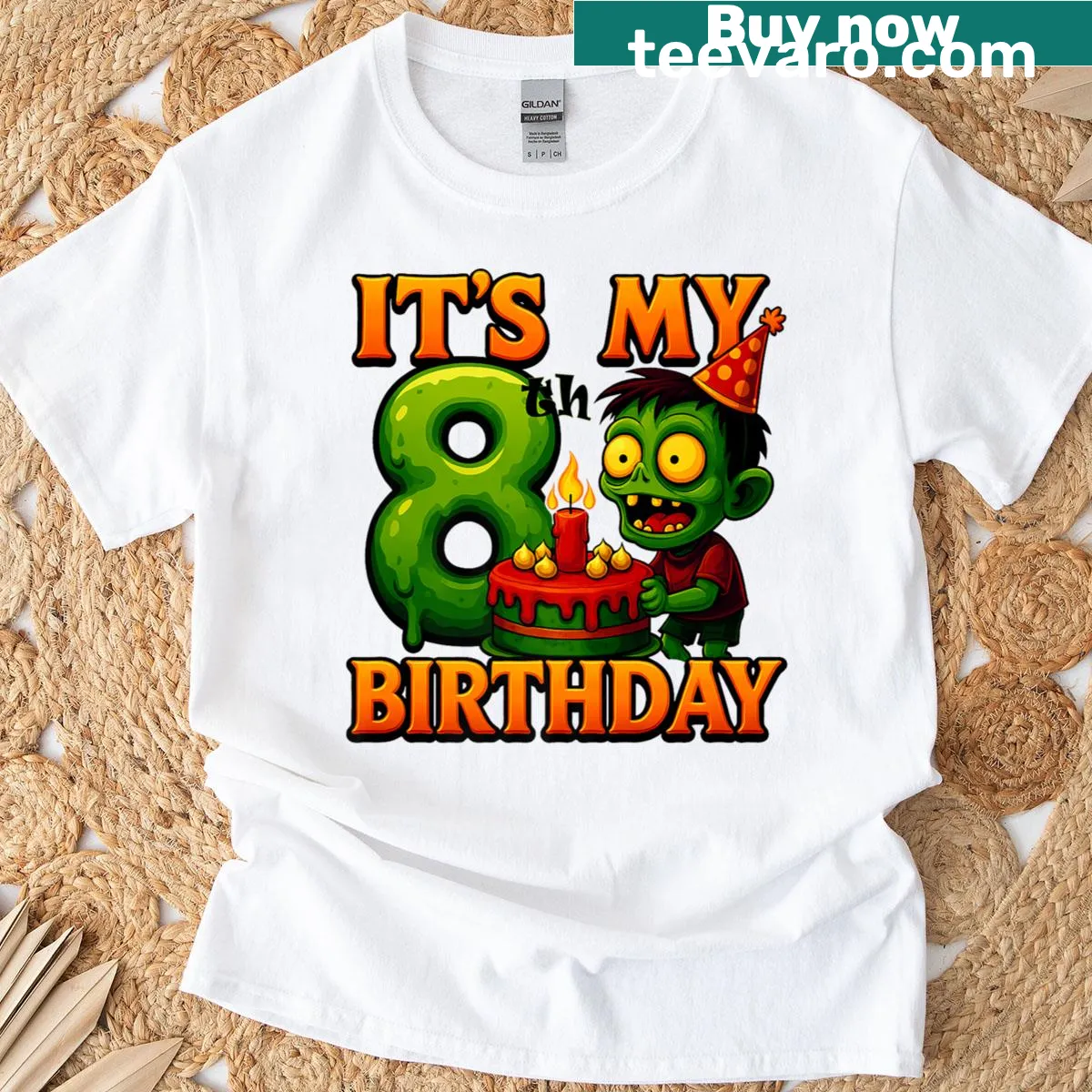 Kids' Halloween birthday shirt with zombie graphic and 'It's My 8th Birthday' text — on a men's t-shirt