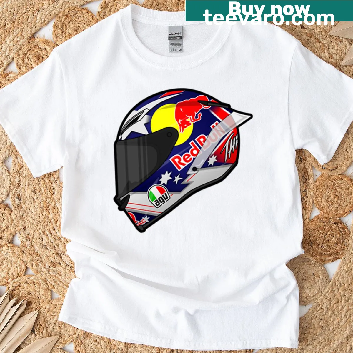 T-shirt featuring Jack Miller's JM43 helmet graphic — on a men's t-shirt