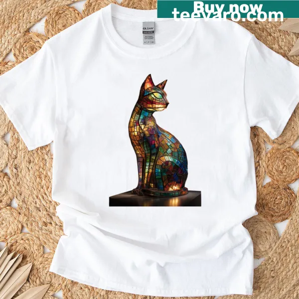 Illustrated stained-glass cat design on a playful tee