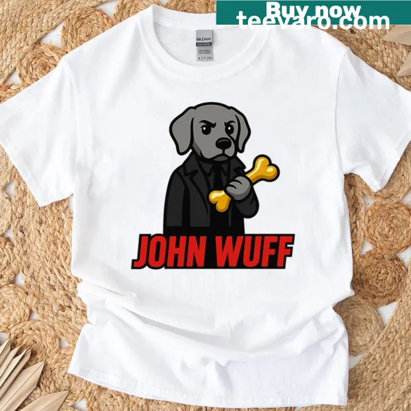 Cartoon dog parody design with the name John Wuff on a t-shirt