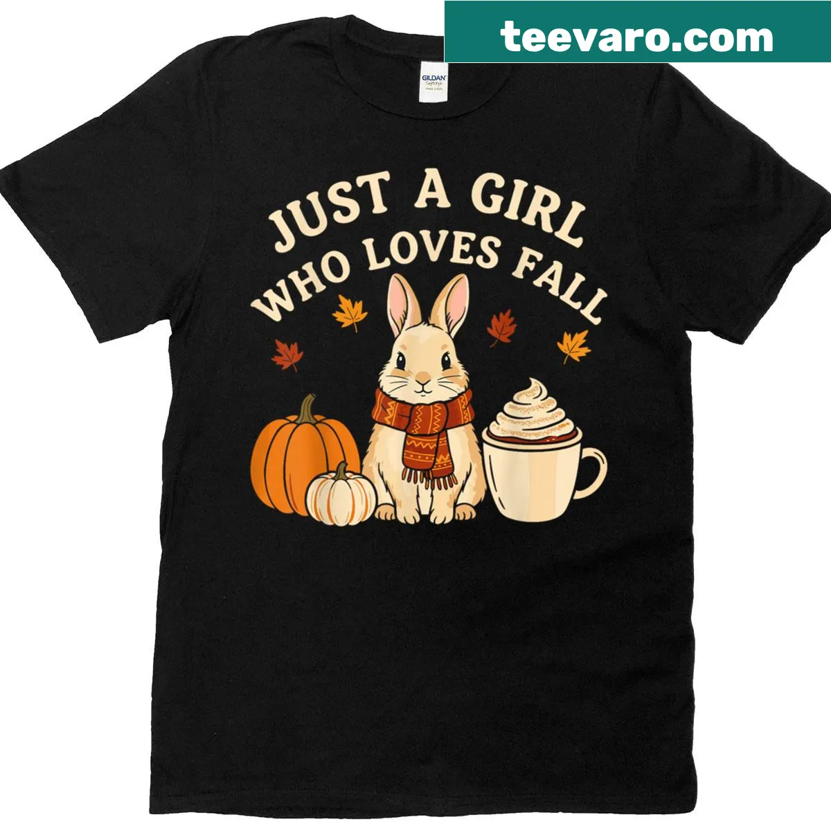 Cute bunny holding a pumpkin spice latte on a fall-themed t-shirt — on a men's t-shirt