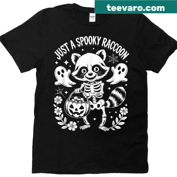 Funny Halloween t-shirt with a spooky raccoon skeleton illustration