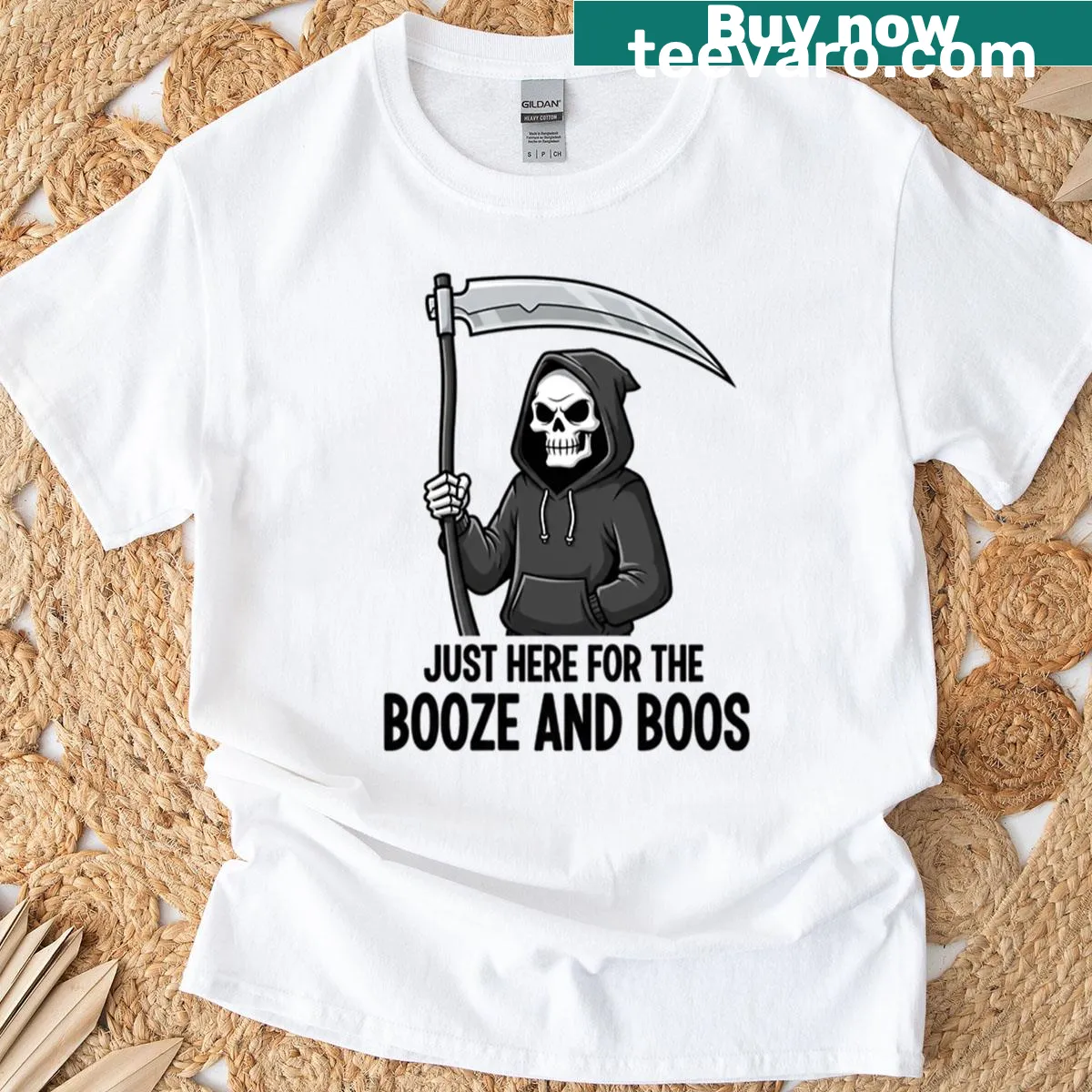 Humorous Halloween-themed text on t-shirt about booze and boos — on a men's t-shirt