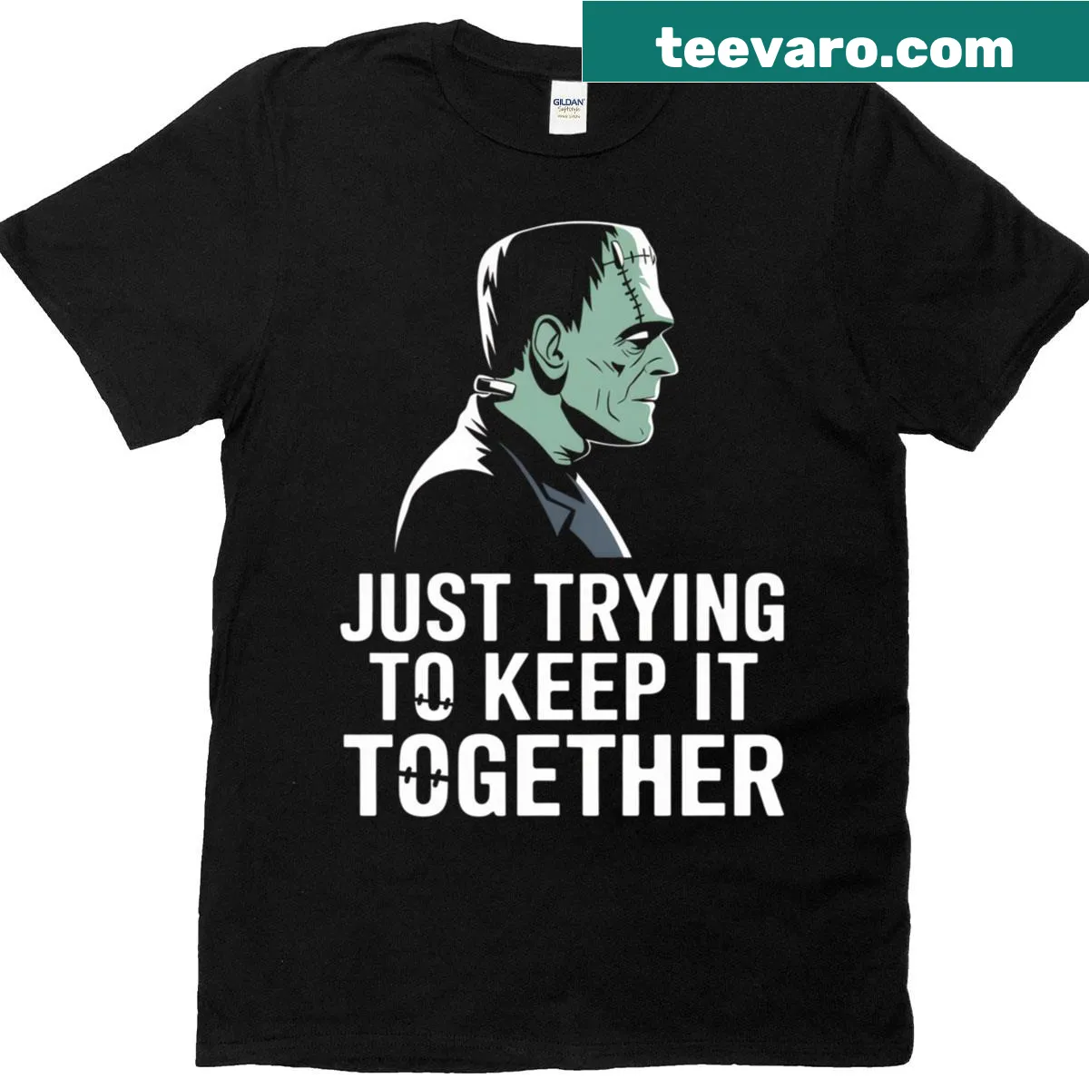 Halloween t-shirt featuring a whimsical Frankenstein illustration — on a men's t-shirt
