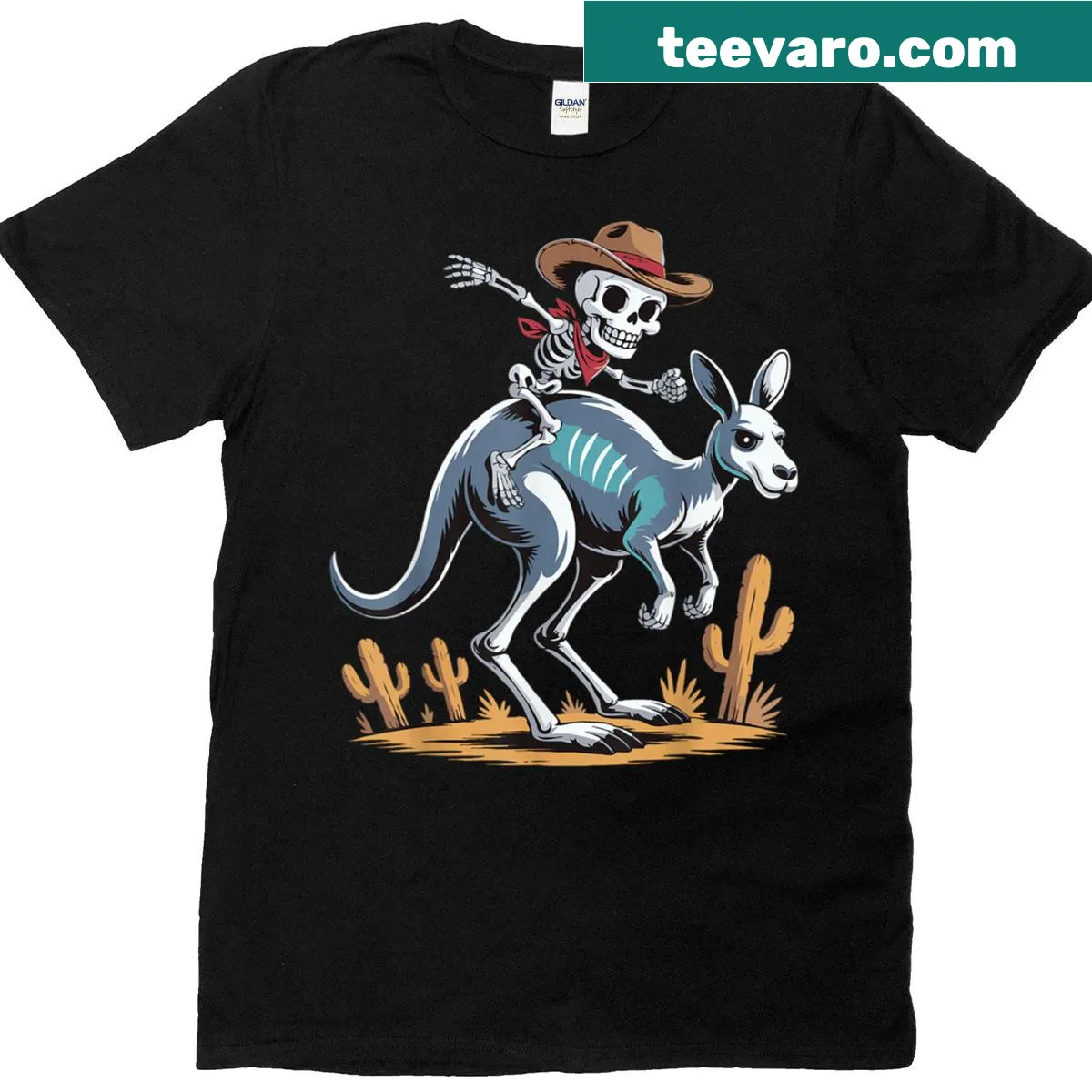 Cartoon kangaroo skeleton in cowboy attire for Halloween — on a men's t-shirt
