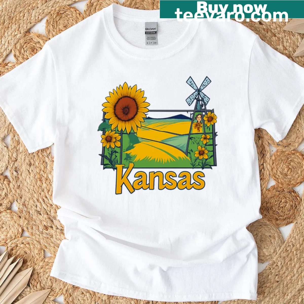 Illustration of sunflowers and windmill on a rural landscape T-shirt — on a men's t-shirt